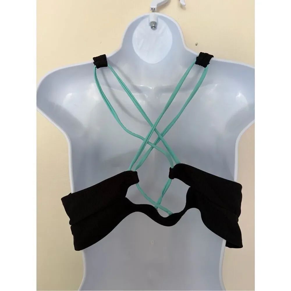 Black Ribbed Cross-Front Bikini/Sports Top - Picture 2 of 4